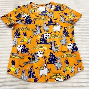 Scrub Top Halloween Llama Orange Women’s Size Medium